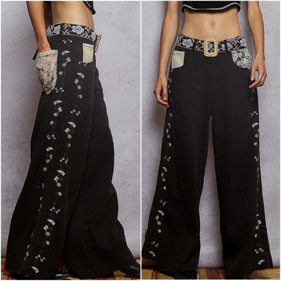 POL Pants - POL Black Gauze Floral Embroidered Wide Leg Pants